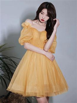 Picture of Yellow Short Sleeves Tulle Prom Dresses, Yellow Homecoming Dresses